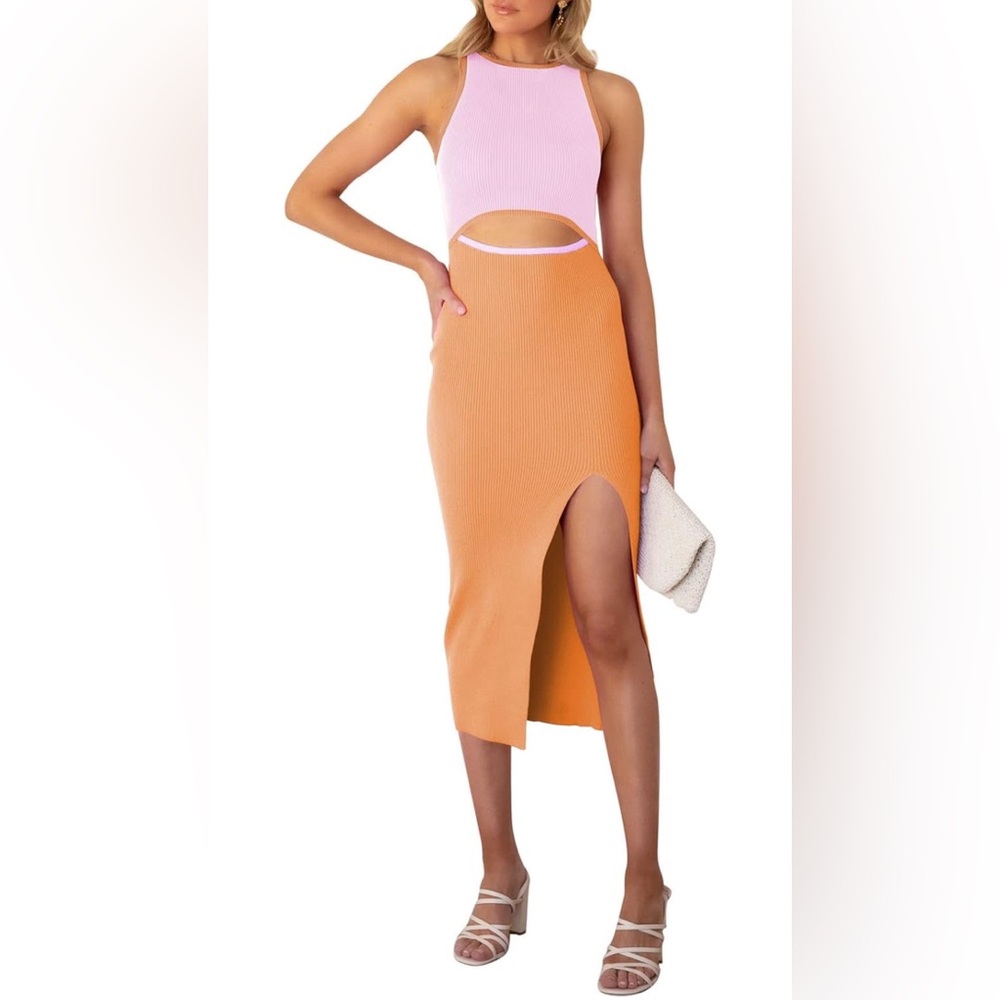PINK/ORANGE Cutout Crew Neck Sleeveless Tank Slit Ribbed Bodycon Midi Dress